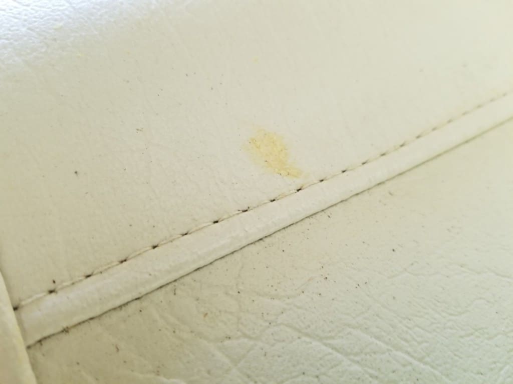 image of stain on author's vinyl boat seat that is about to be removed