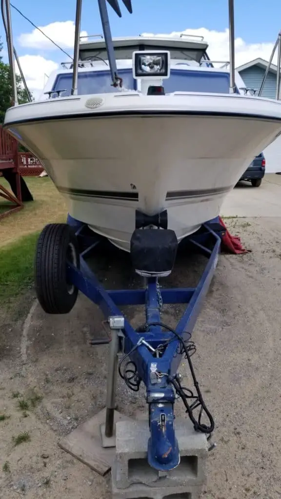 image of the author's cuddy cabin which is on a trailer and ready for towing.