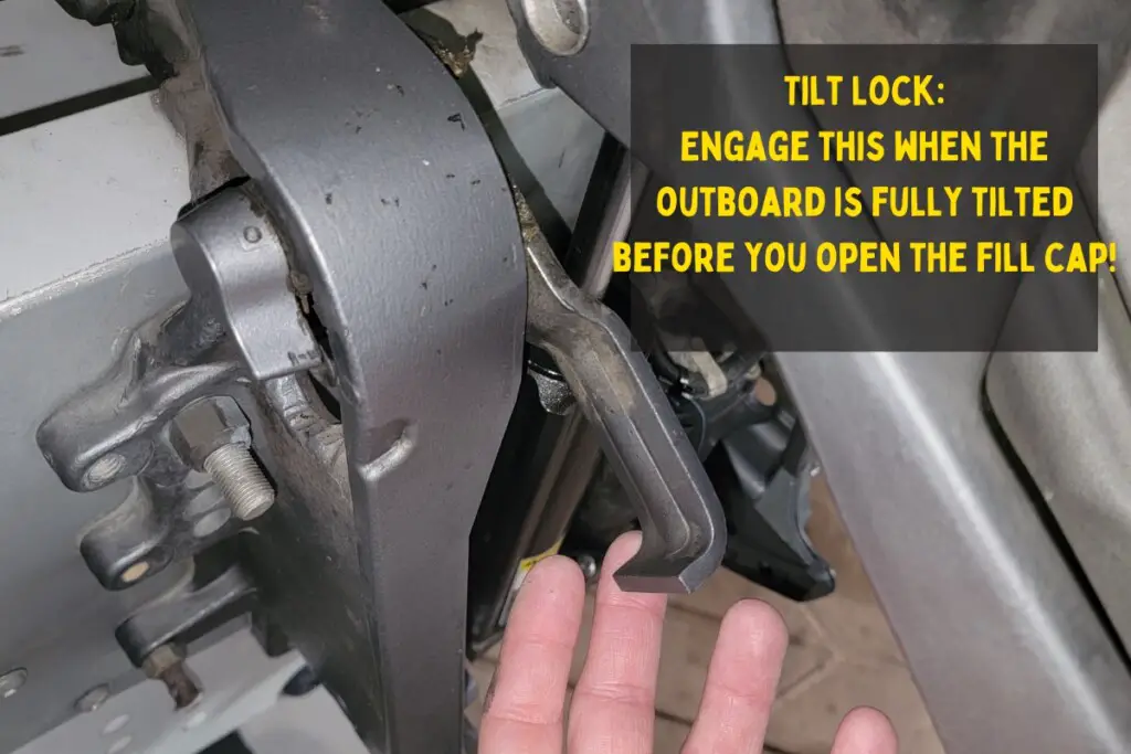 Image showing the tilt lock that needs to be engaged for safety on the author's outboard