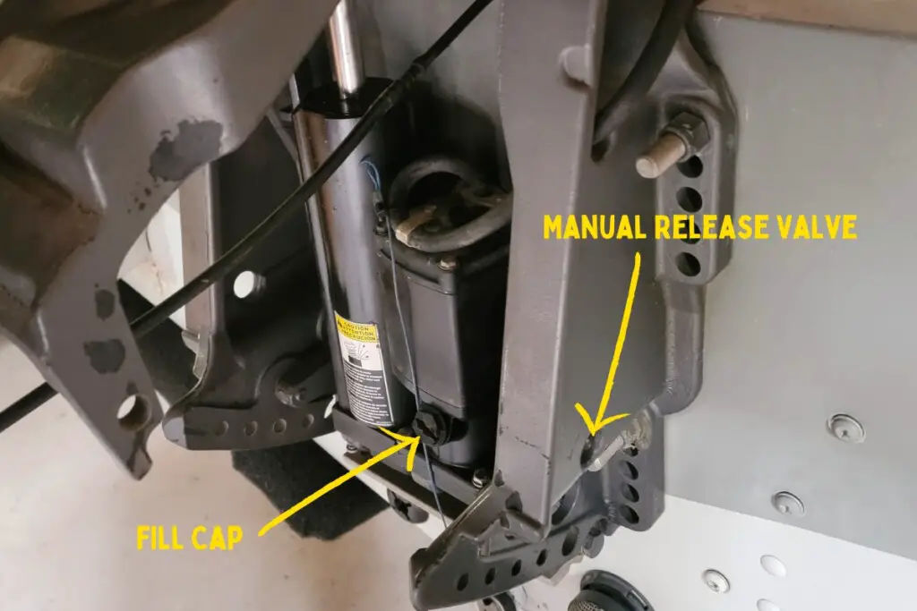 image showing where to find the fill cap and manual release valve on the author's outboard motor